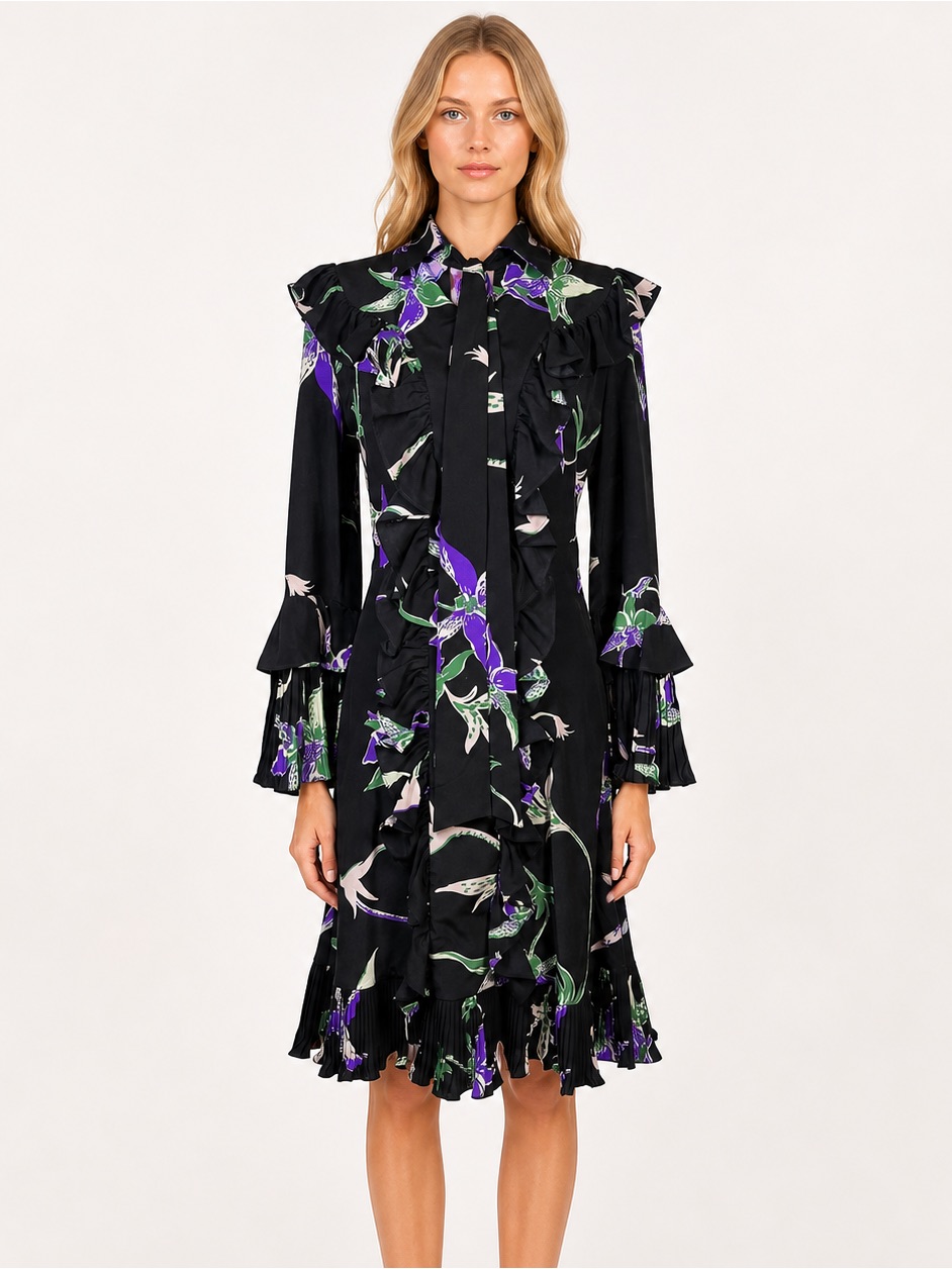 La Doublej Orchidee Nero Silk Ruffle Dress Pleated Sleeve Archive Italy M